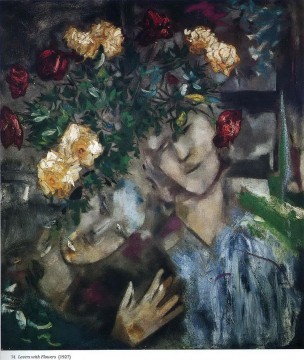  amantes Pintura al %C3%B3leo - Amantes con flores contemporáneo Marc Chagall